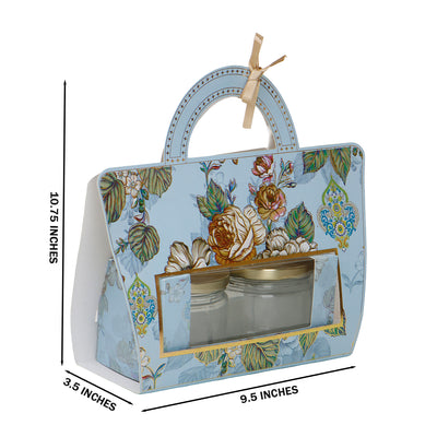 Floral Printed Hamper Box with Jars inside for Packaging and Gifting Theme Color is Blue, Material: SBS 230 GSM and Capacity: Up To 1kg from Nice Packaging 