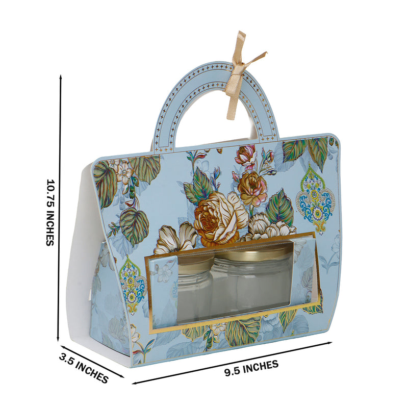 Floral Printed Hamper Box with Jars inside for Packaging and Gifting Theme Color is Blue, Material: SBS 230 GSM and Capacity: Up To 1kg from Nice Packaging 
