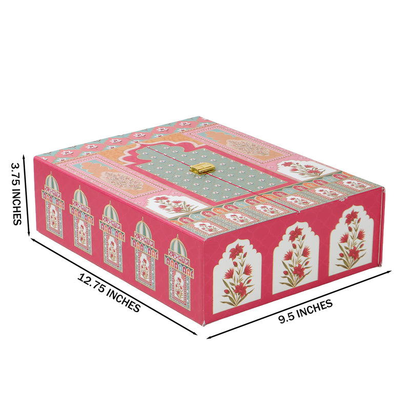 Mehfil Mahal MDF Hamper Box with 2 printed salsa jar & 12 cavity (9.5x12.75x3.75) Inch 9064