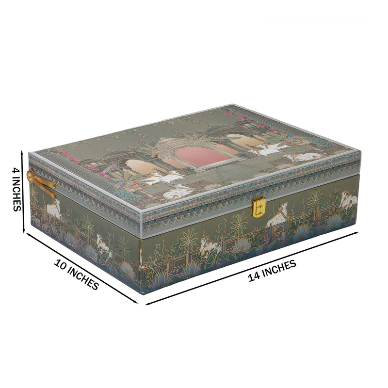 Pichwai Art Hamper Box with 4 printed muskmelon jars & 8 cavity tray (14x10x4) Inch 9046A