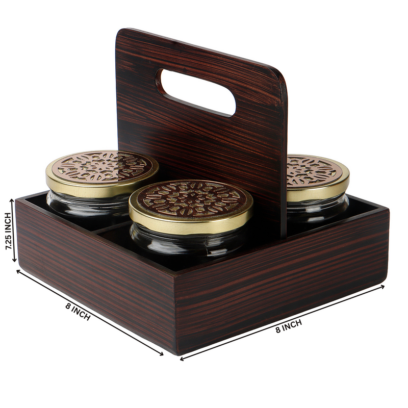 Rotational Wooden Gift Box with 4 laser cut design salsa jars (8x8x7.25 Inches) 9083