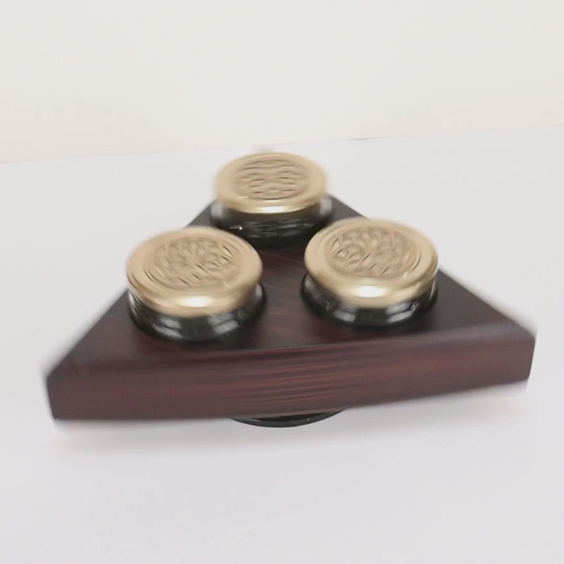 Rotational Triangle Wooden Gift Box with 3 laser cut design salsa jars - Color: Brown, Size: 12*12*3.5 Inches, Material: Wooden from Nice Packaging.

