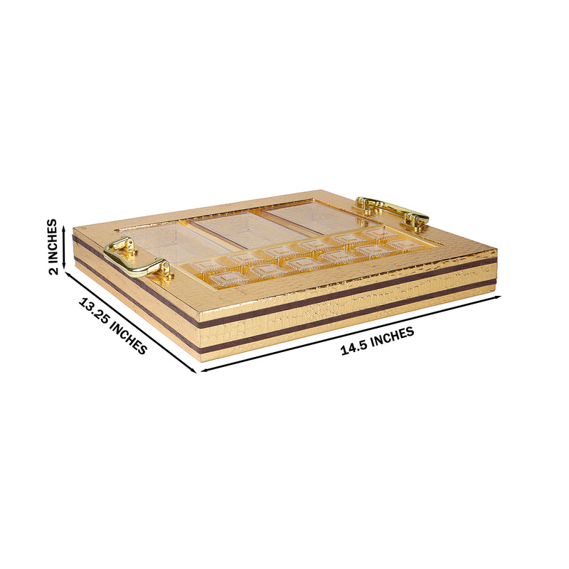 Luxury Golden Tray with 3 acrylic boxes & 9 cavity tray (14.5x13.25x2) Inch 9098