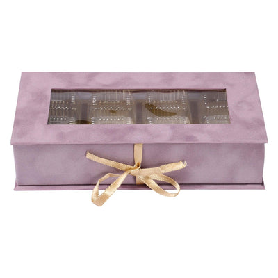 Suede box with ribbon lock includes 8 cavity