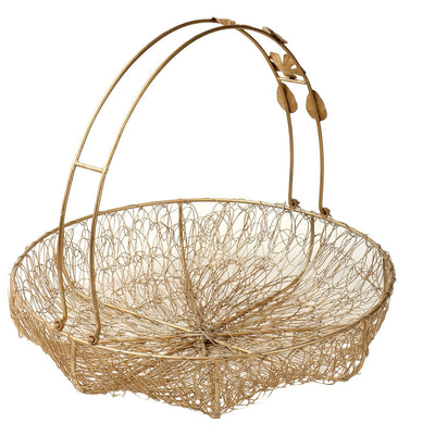 Round Metal Wire Hamper Basket with handle (flower & leaves) (12x12x2 inch)