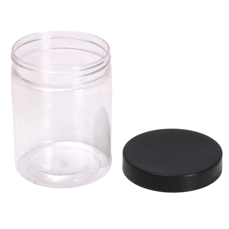 All purpose circular plastic jar with black cap 