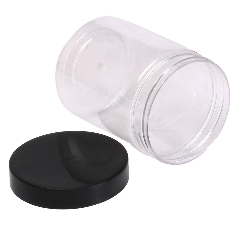 All purpose circular plastic jar with black cap 